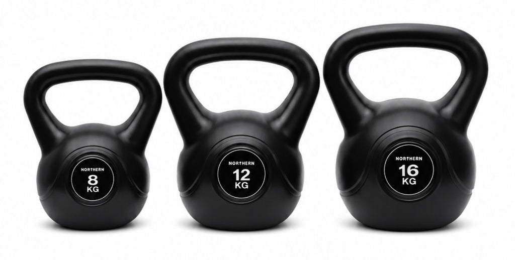 Northern Vinyl Black Kettlebells Set.  8kg, 12kg and 16kg