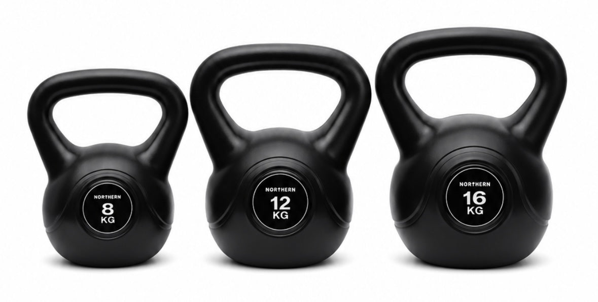 Northern Vinyl Black Kettlebells Set.  8kg, 12kg and 16kg