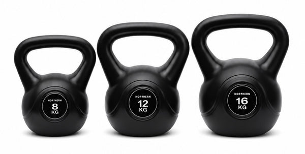 Northern Vinyl Black Kettlebells Set.  8kg, 12kg and 16kg